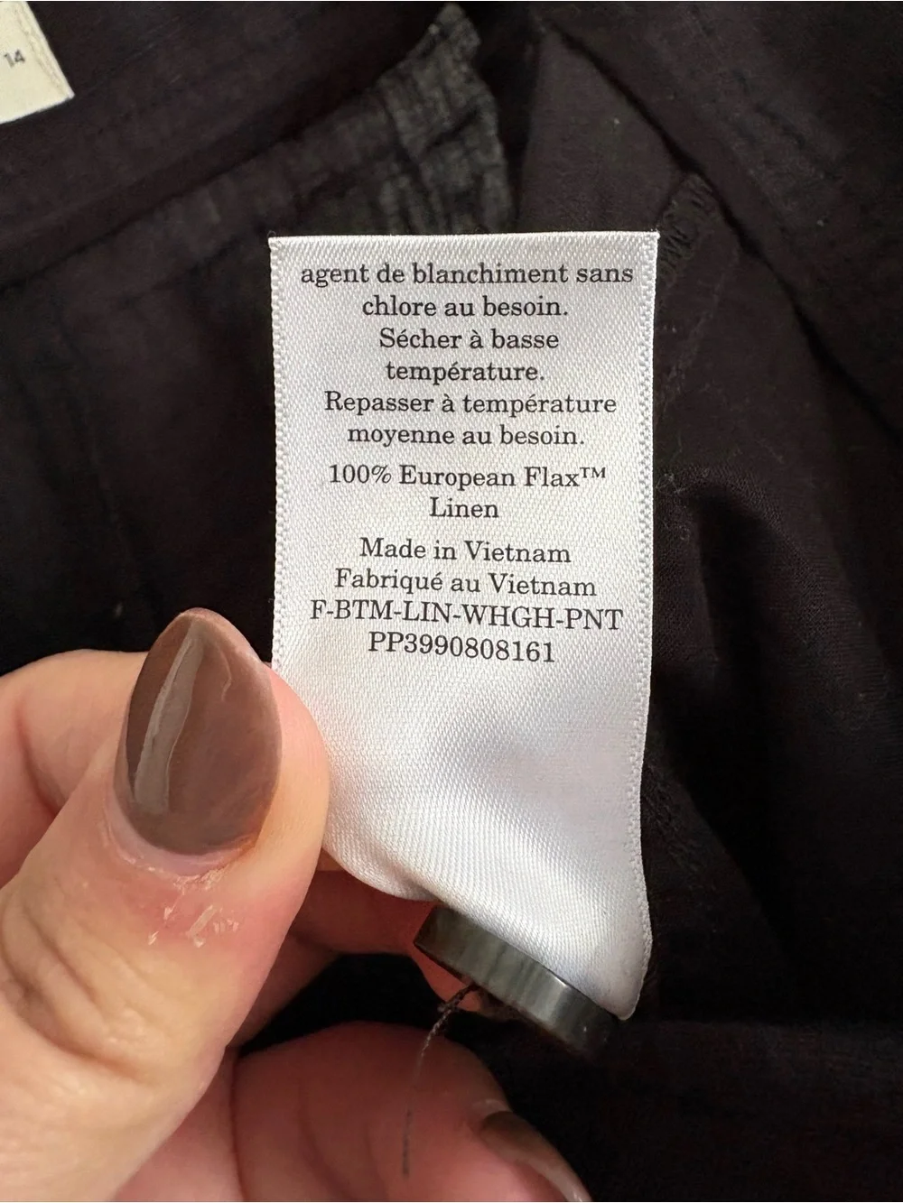 Everlane European Flax Linen Black Wide Leg Pant Sz 14